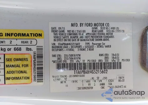 2016 Ford Mustang V6 z USA, uszkodzony, nr VIN 1FA6P8AM4G5215602